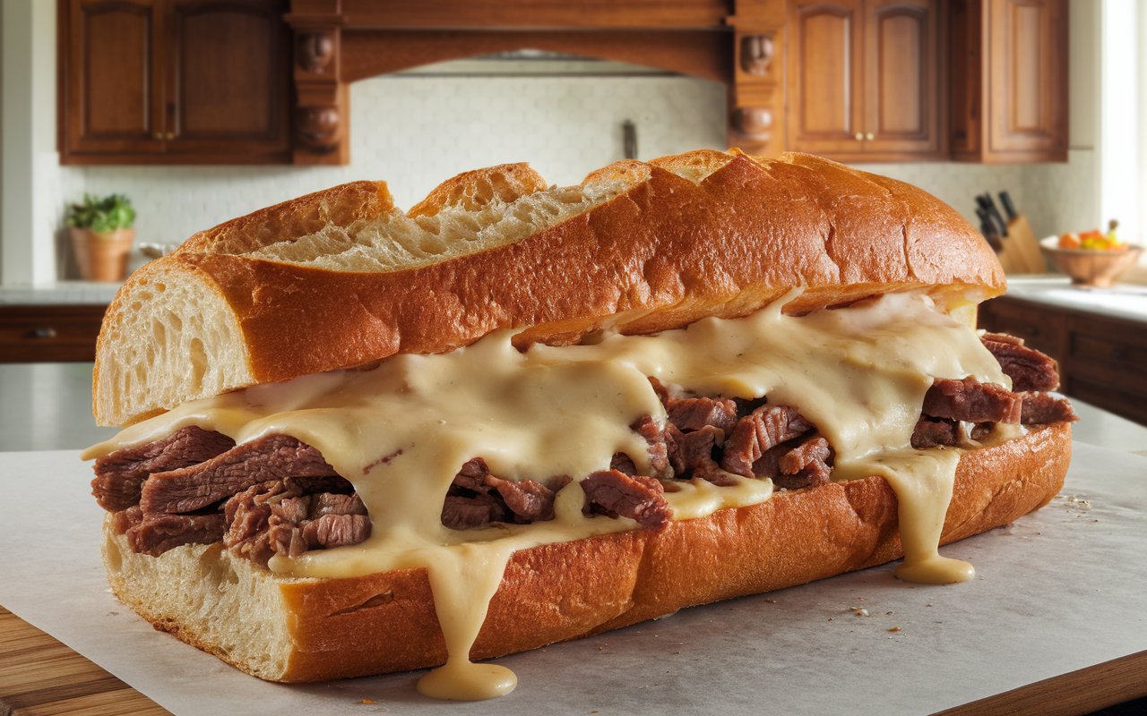 Philly cheesesteak on ciabatta with fries and cheese sauce