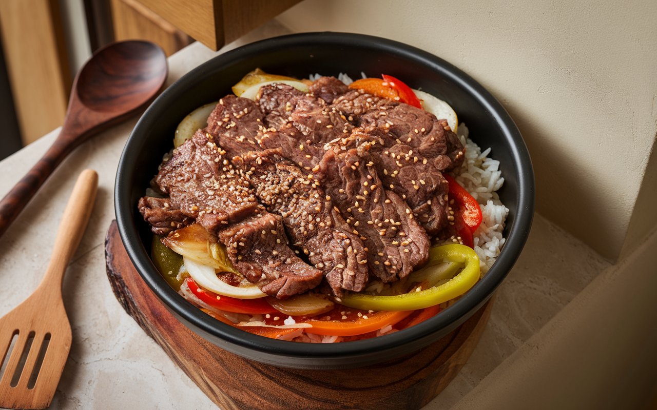 Bulgogi bowl with traditional Korean side dishes