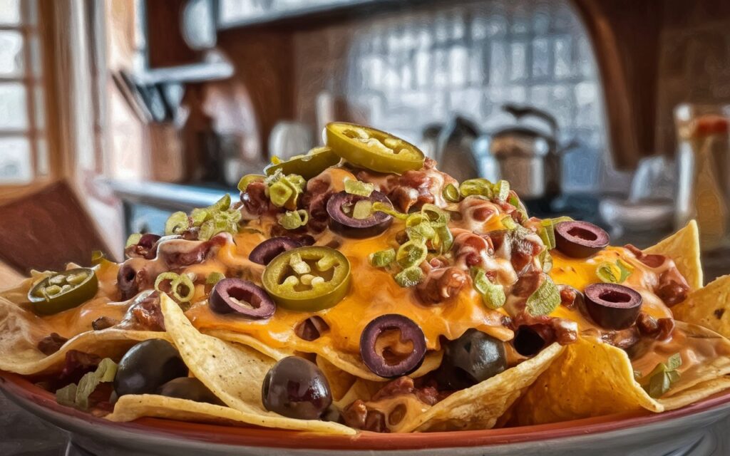 A platter showcasing different variations of loaded nachos.