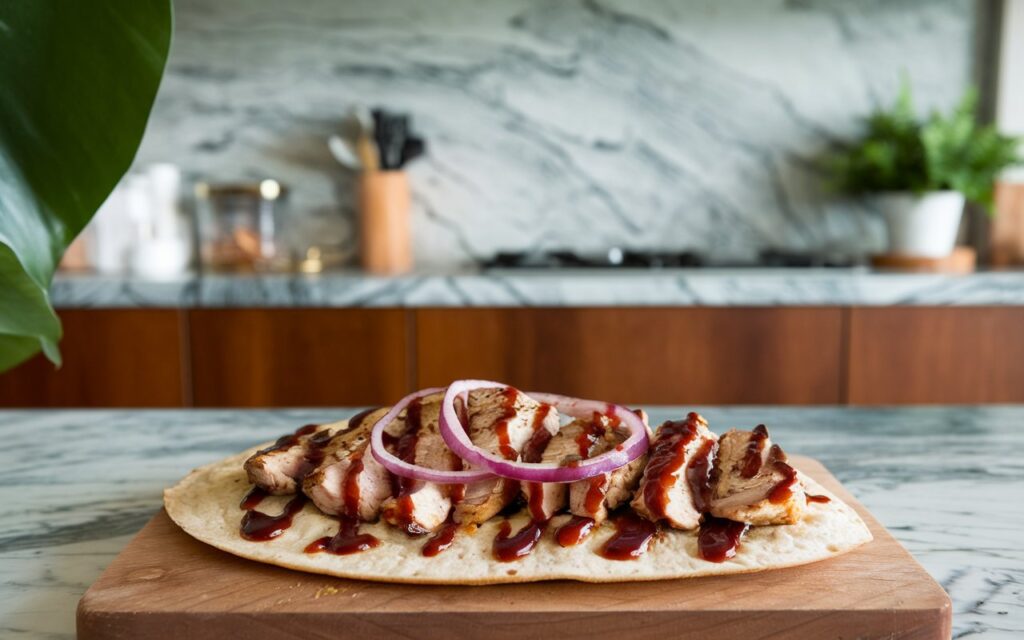 Sliced BBQ Chicken Flatbread served with a fresh salad and sweet potato fries.