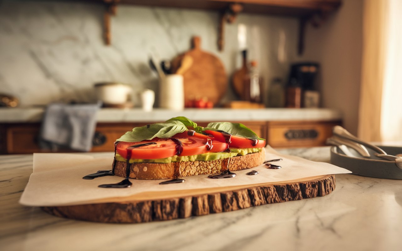 Three variations of Caprese avocado toast on a wooden platter.