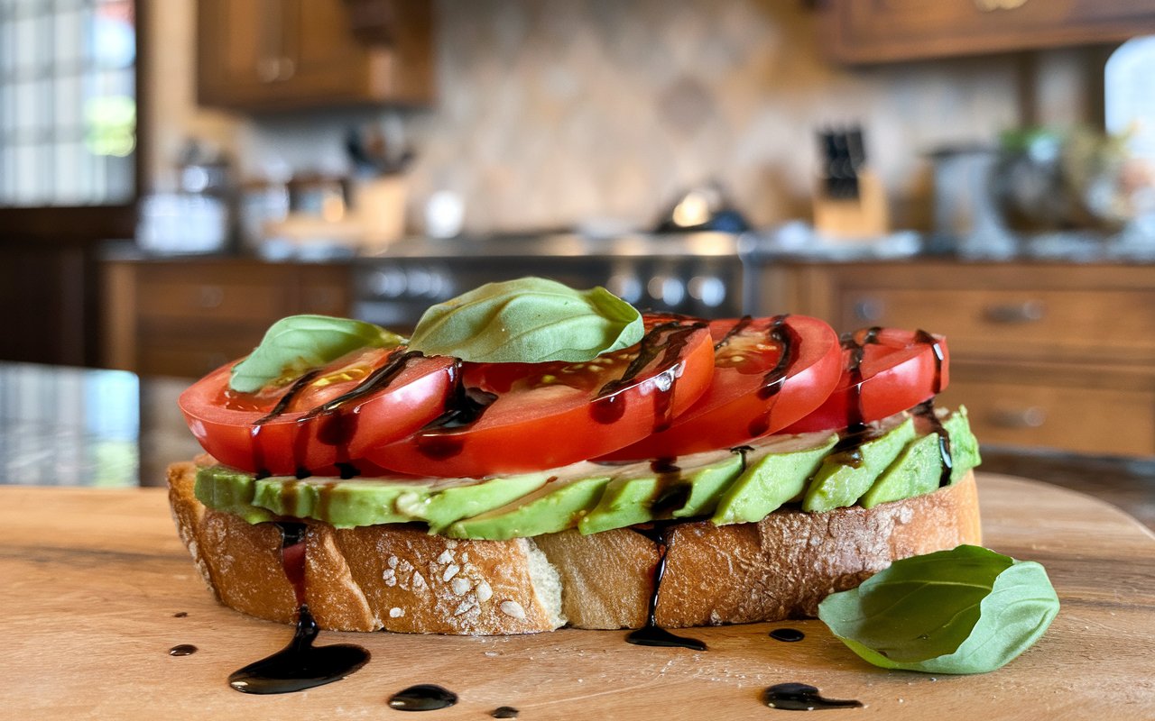 Hands assembling Caprese avocado toast with balsamic glaze.