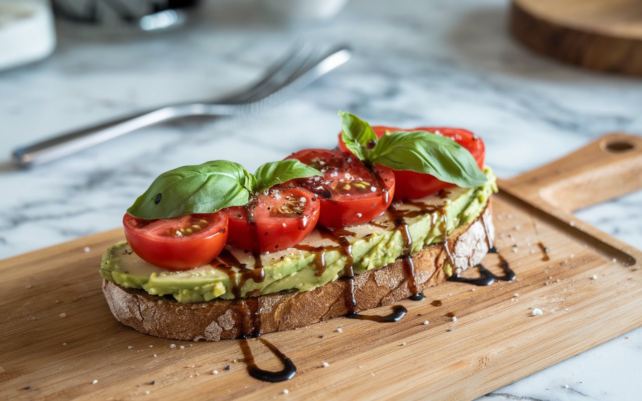 Caprese avocado toast with balsamic glaze on sourdough bread.