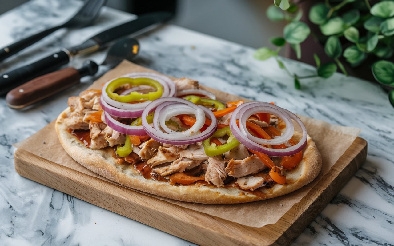  Hands assembling BBQ Chicken Flatbread with BBQ sauce and cheese.