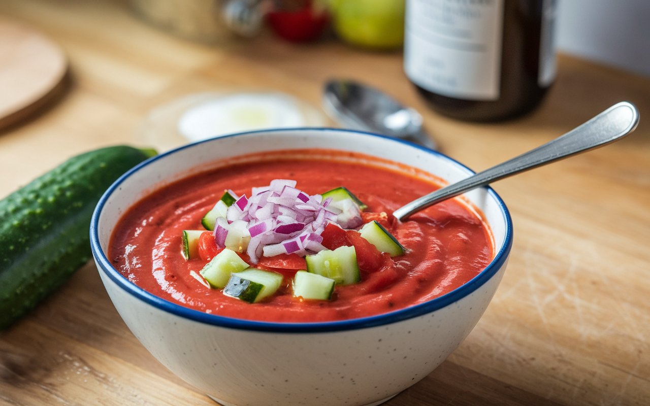 Blender mixing fresh ingredients for homemade gazpacho.