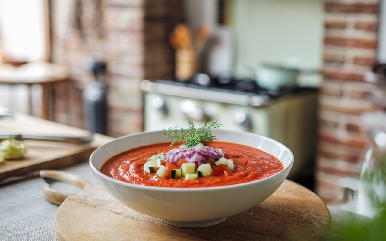 Chilled gazpacho soup in a rustic Spanish kitchen.