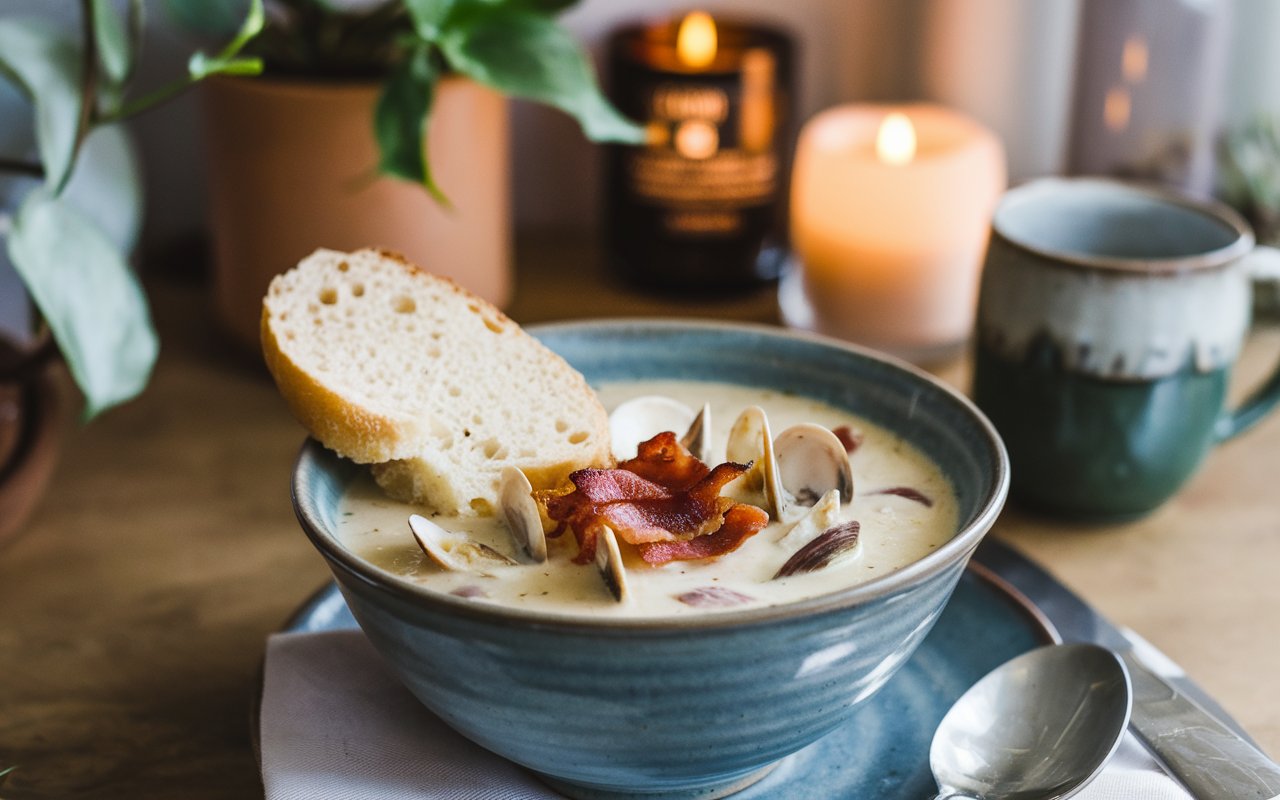 A bowl of creamy clam chowder with bacon, garnished with parsley