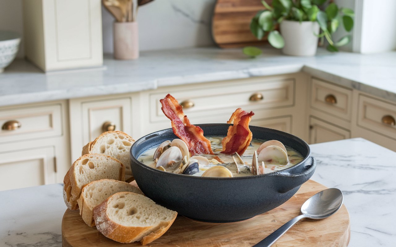 Bacon sizzling in a pot for clam chowder