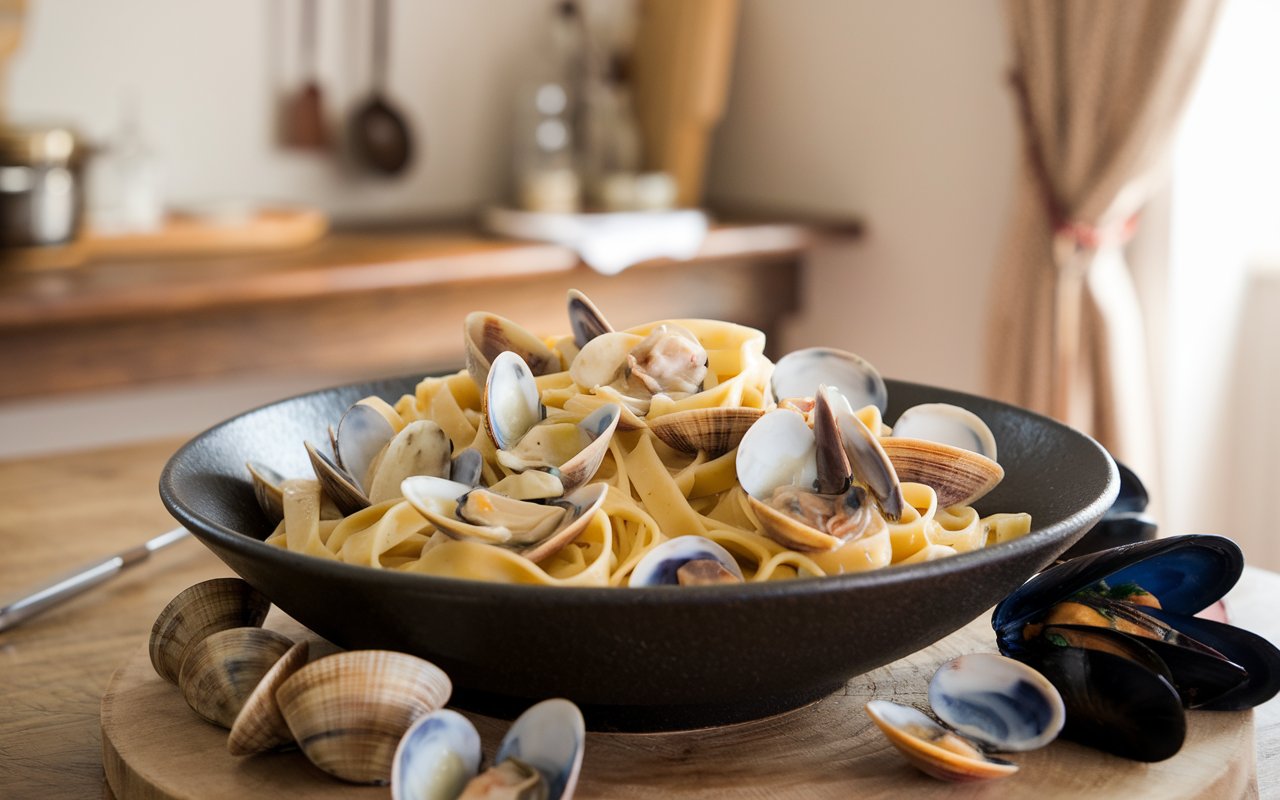 Clam Linguine with fresh clams, garlic, and white wine sauce.