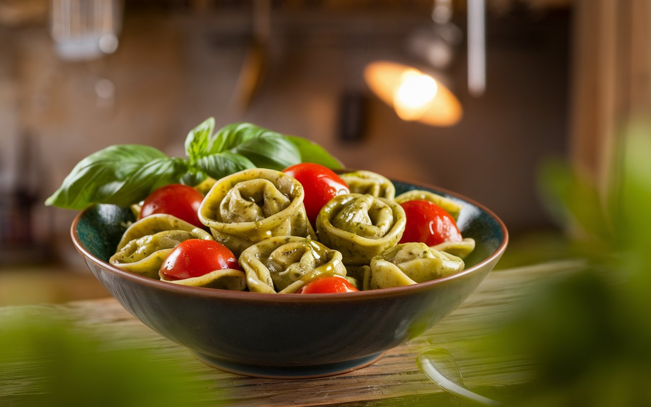 A bowl of pesto tortellini with cherry tomatoes garnished with basil