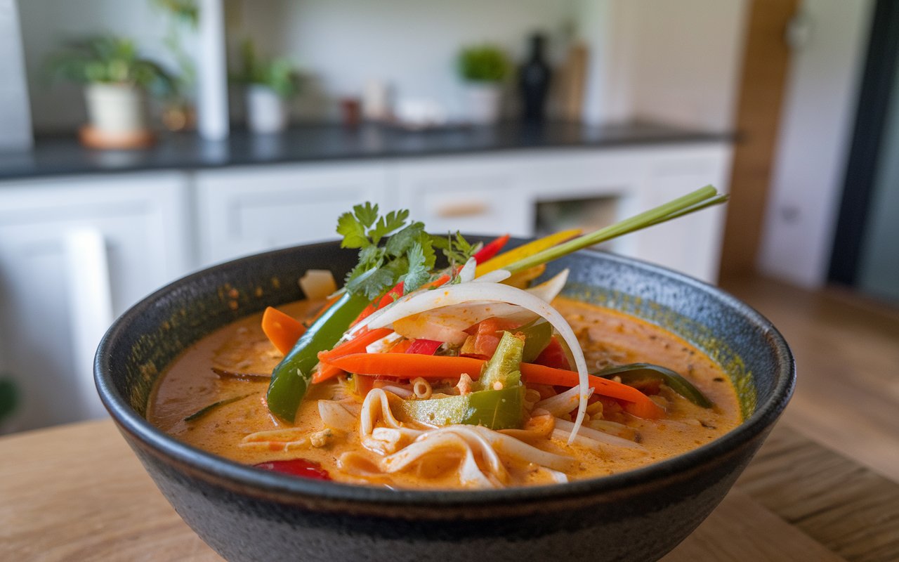 Spicy Thai Coconut Curry Soup with fresh cilantro and lime.