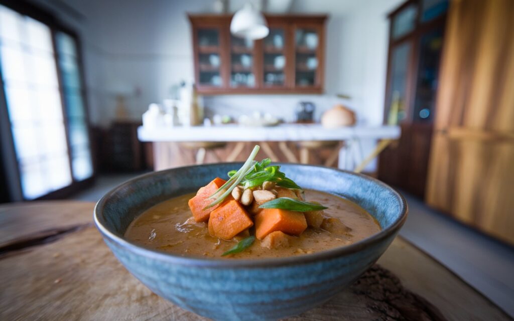 A serving of Sweet Potato & Peanut Stew with quinoa and bread.