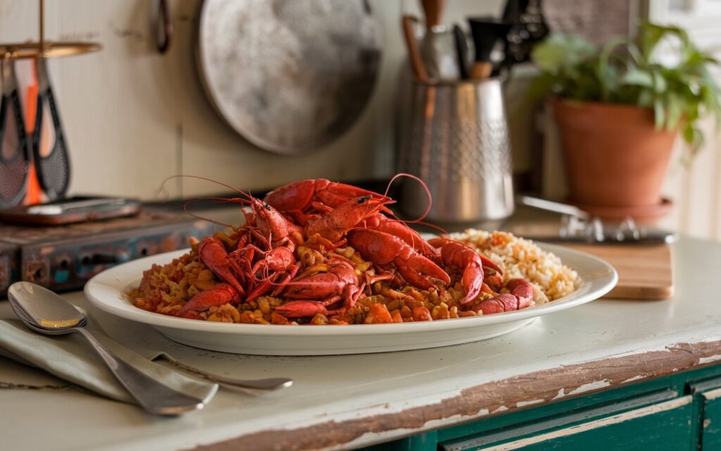 A plate of Crawfish Étouffée served over rice with cornbread and iced tea.