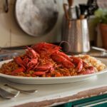 A plate of Crawfish Étouffée served over rice with cornbread and iced tea.