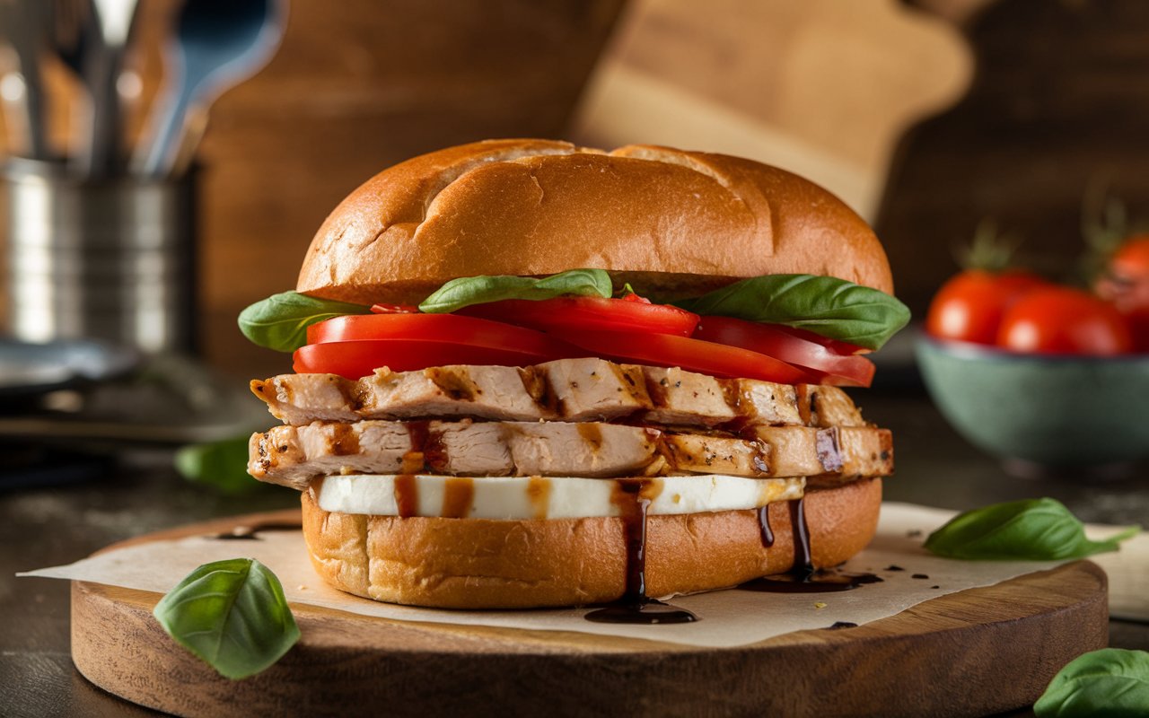  Hands assembling a Caprese Balsamic Chicken Sandwich with pesto and balsamic glaze.