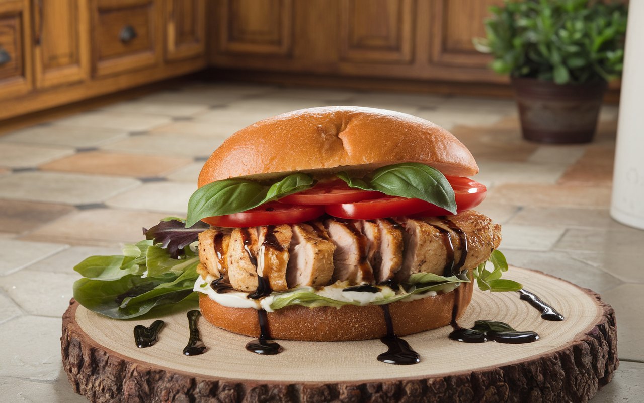 Freshly made Caprese Balsamic Chicken Sandwich with balsamic glaze.