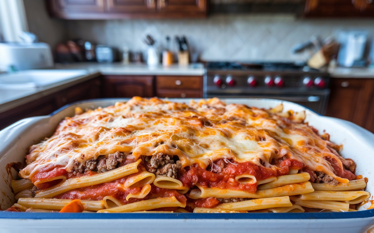 Cheesy baked ziti served with garlic bread and salad