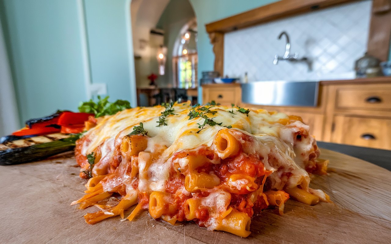  Hot and cheesy baked ziti with golden melted cheese