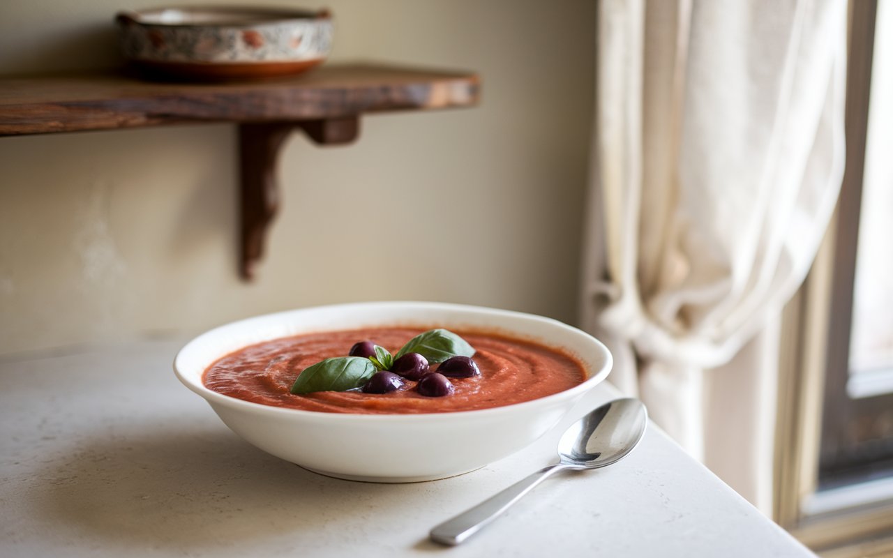 Chilled gazpacho soup served with bread, cheese, and wine.