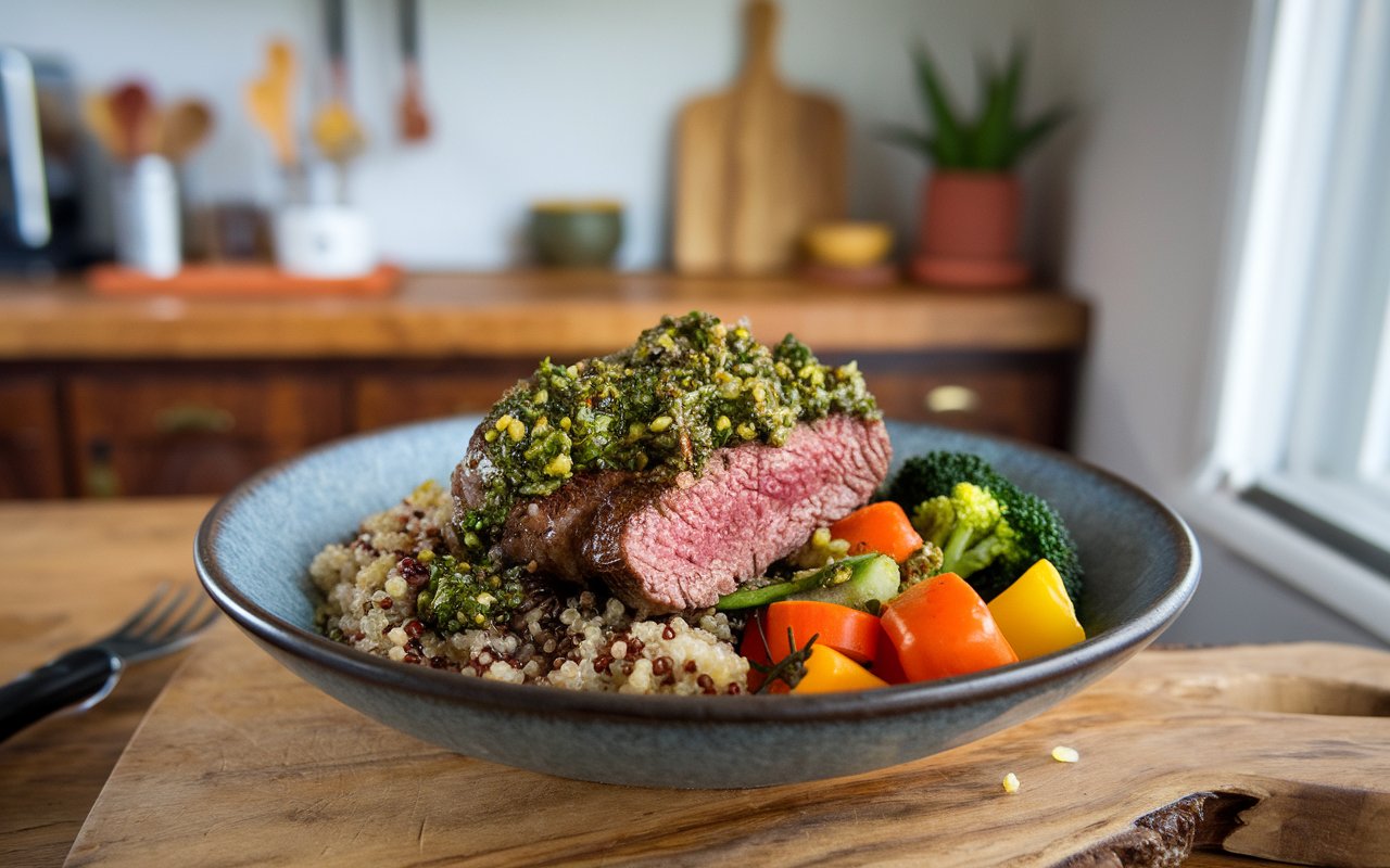 A colorful Chimichurri Steak Quinoa Bowl ready to serve.