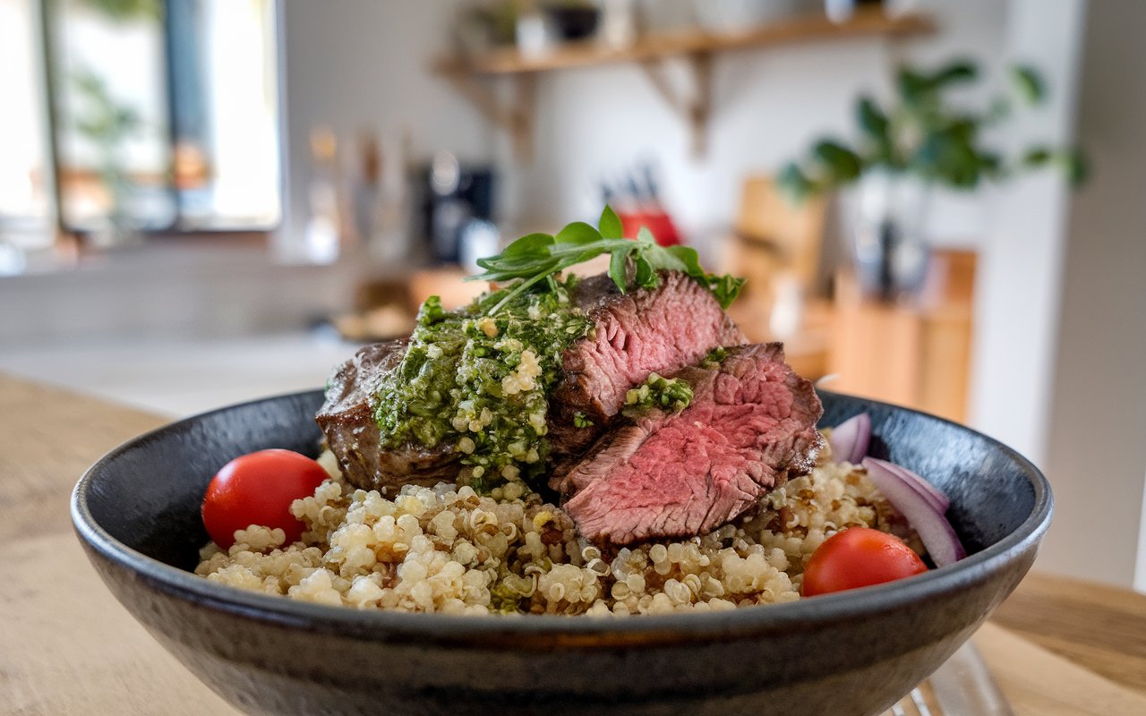  Grilled steak in a skillet with chimichurri sauce.