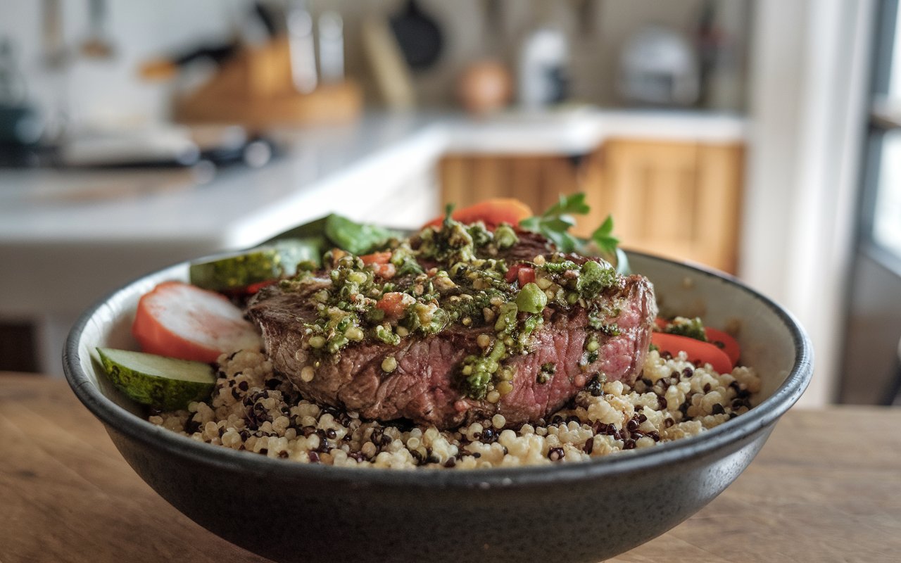 Chimichurri Steak Quinoa Bowl with grilled steak and fresh toppings.