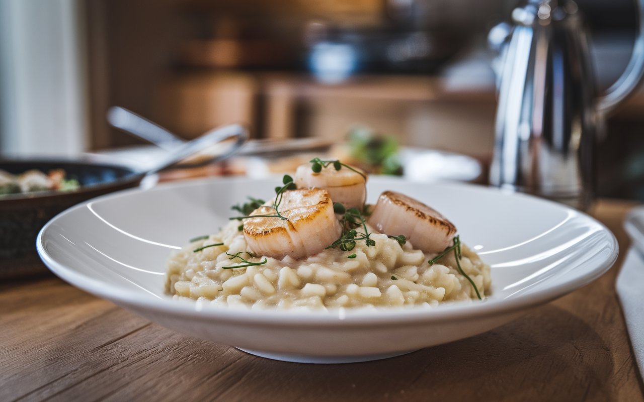 Scallop risotto served with a glass of white wine.