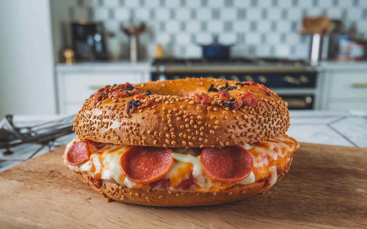 Hands preparing homemade pizza bagels with sauce, cheese, and toppings.