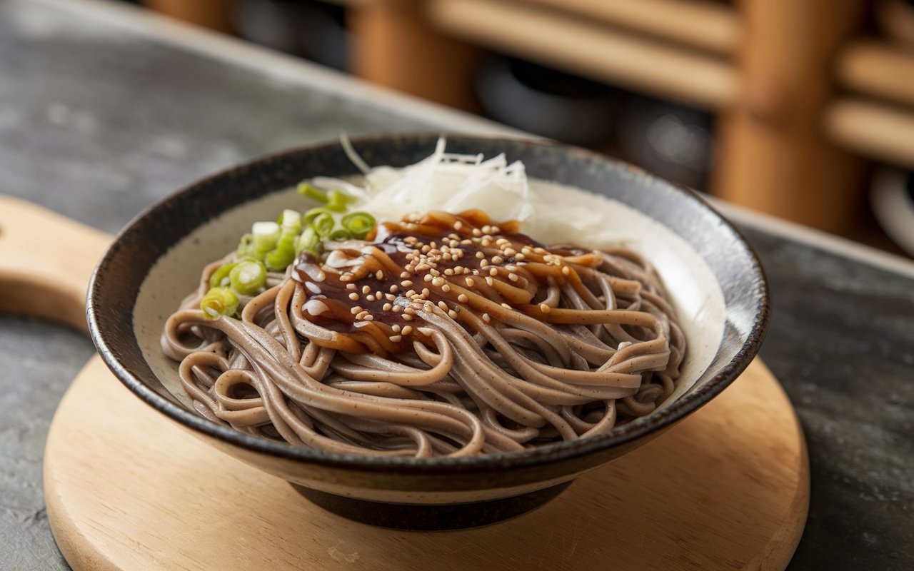 Soba noodle bowl with miso dressing and fresh vegetables.