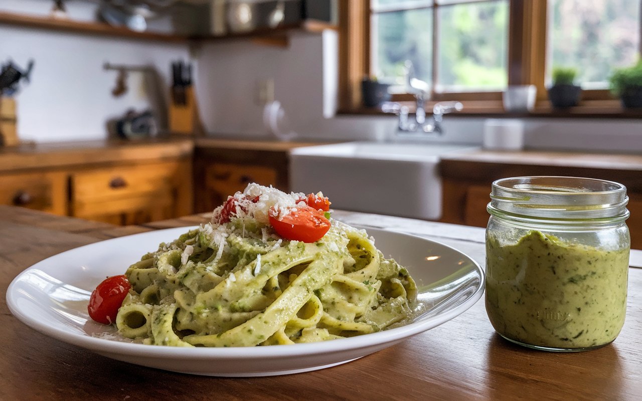  Ingredients for making creamy avocado pesto pasta, including avocados, basil, and olive oil.