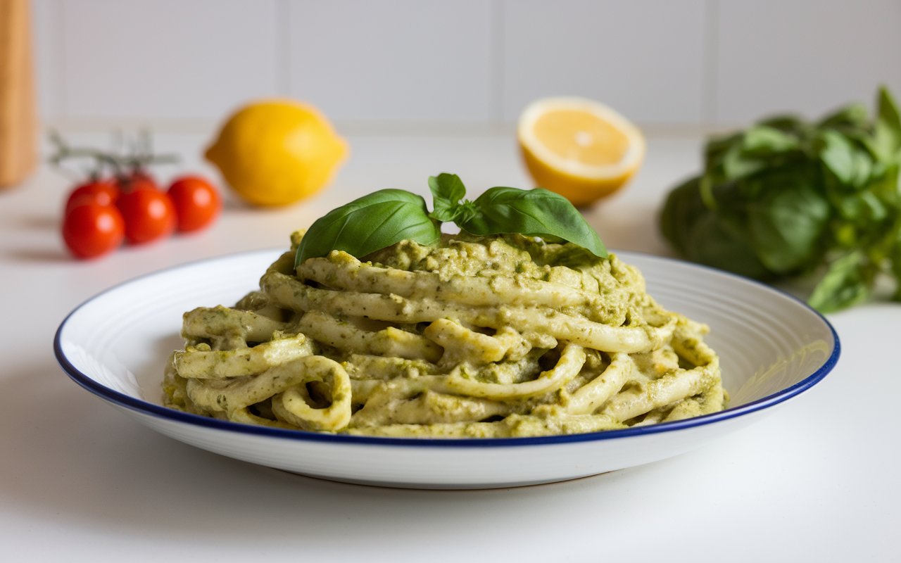 A plate of creamy avocado pesto pasta with fresh basil and Parmesan.