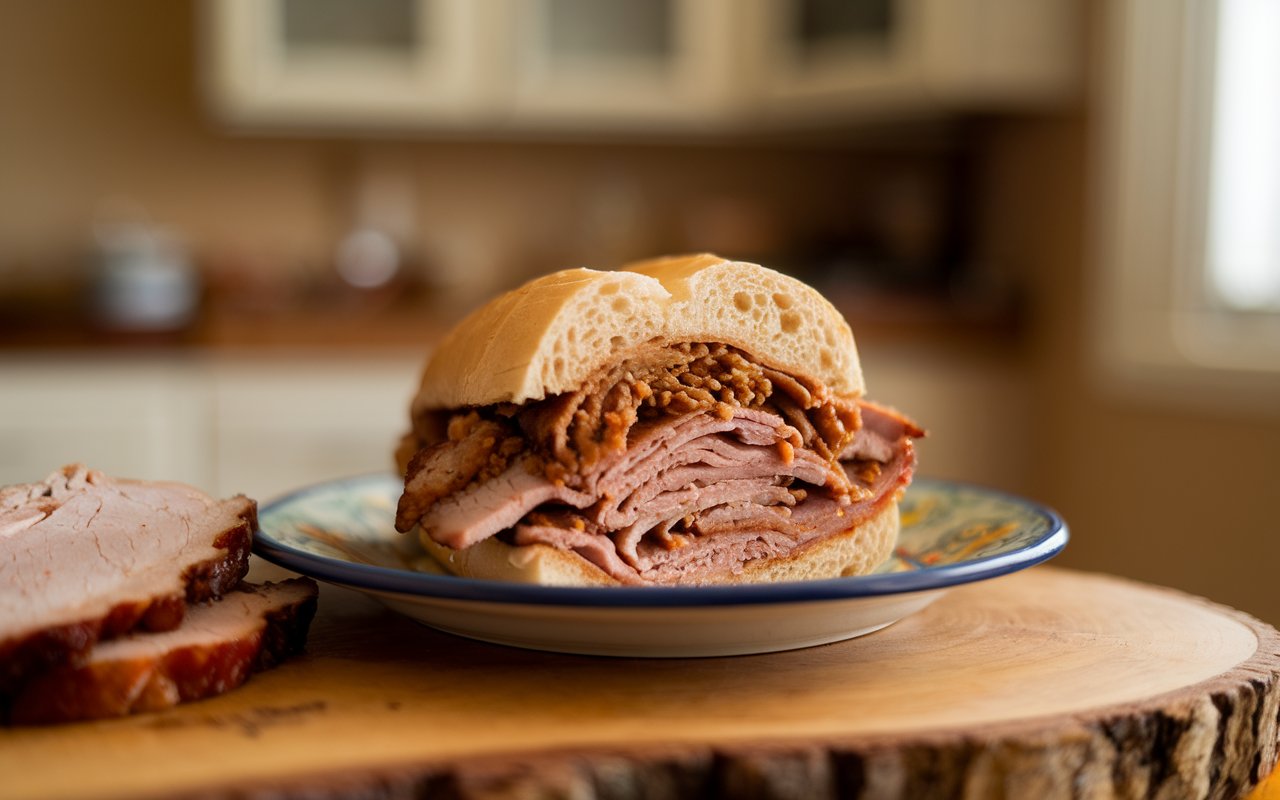 Close-up of a Cuban Mojo Pork Sandwich with crispy bread and melted cheese