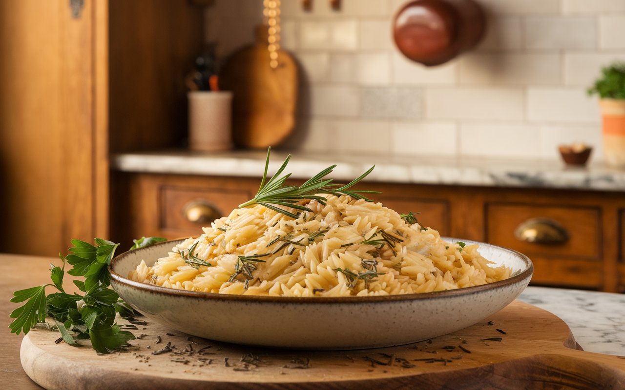 Cooking Garlic Butter Parmesan Orzo in a skillet