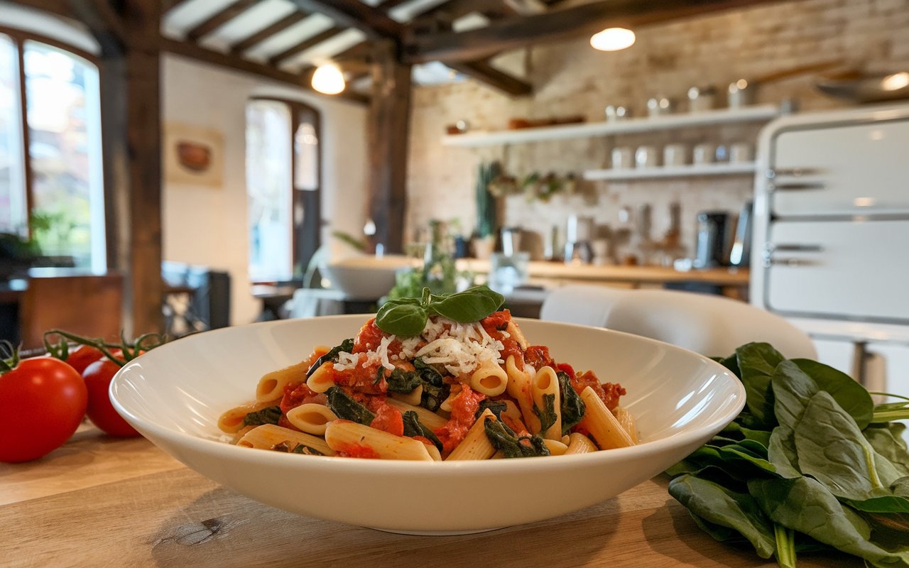  Sun-Dried Tomato & Spinach Penne in a rustic bowl