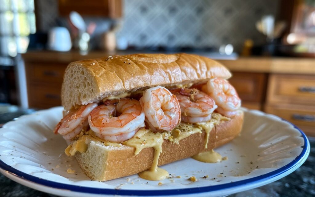 Step-by-step assembly of a Garlic Butter Shrimp Po’ Boy.