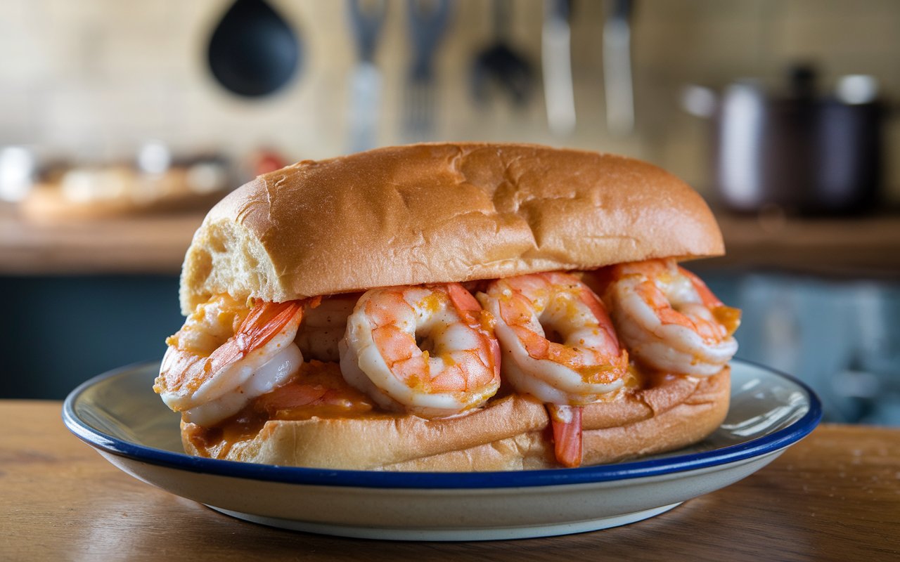 Garlic Butter Shrimp Po’ Boy sandwich with crispy shrimp.