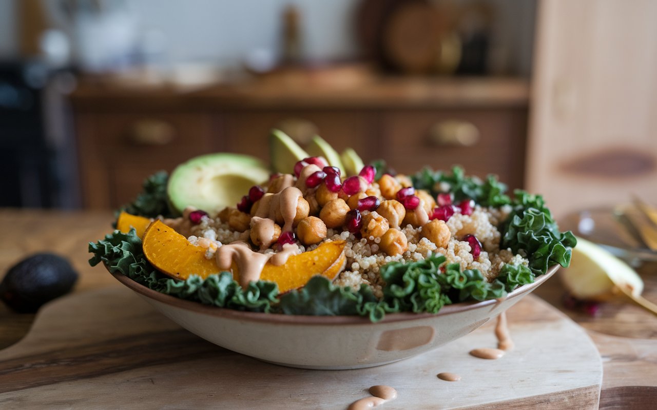 Harvest Grain Bowl served with soup and whole-grain bread