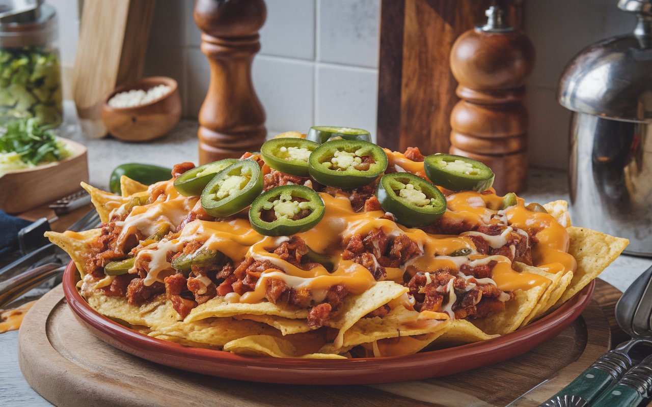 A delicious plate of loaded nachos with toppings.