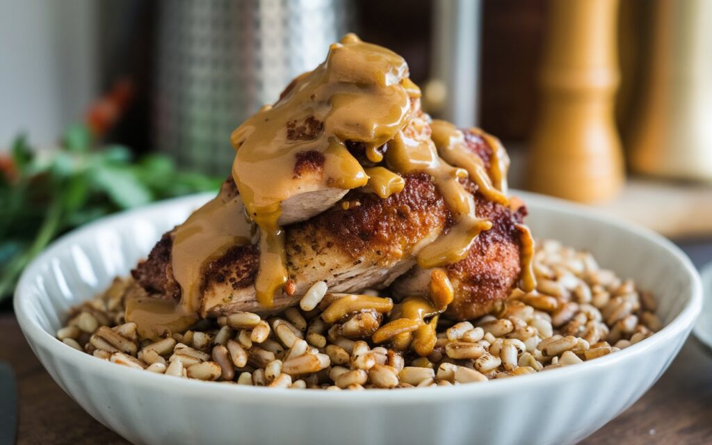 Three variations of Maple Dijon Chicken & Farro Bowls with different proteins