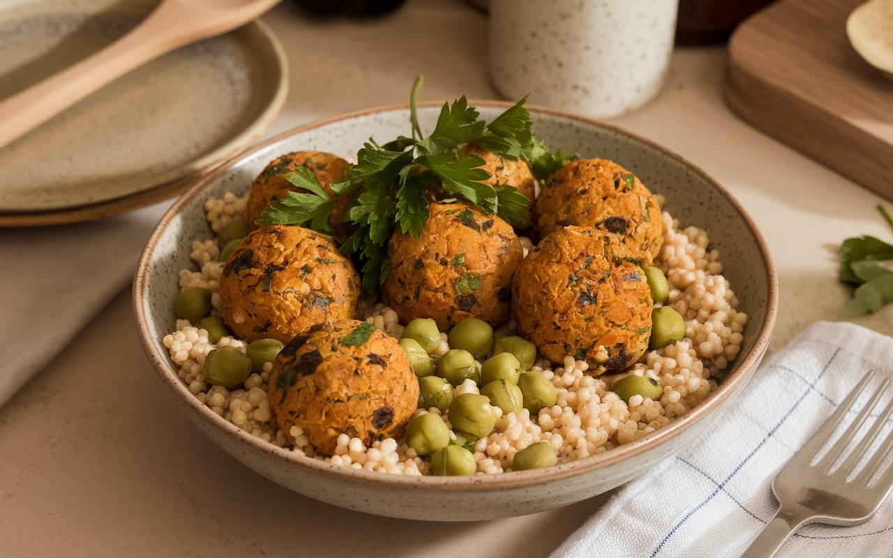 A colorful Mediterranean couscous & falafel bowl with fresh veggies.