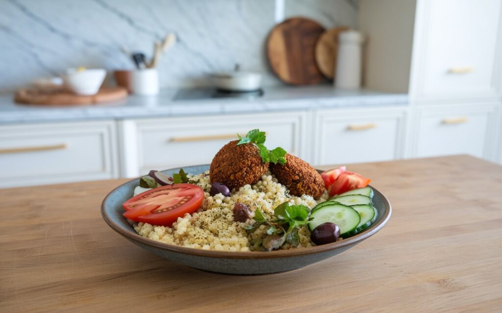 A hand assembling a Mediterranean couscous & falafel bowl.