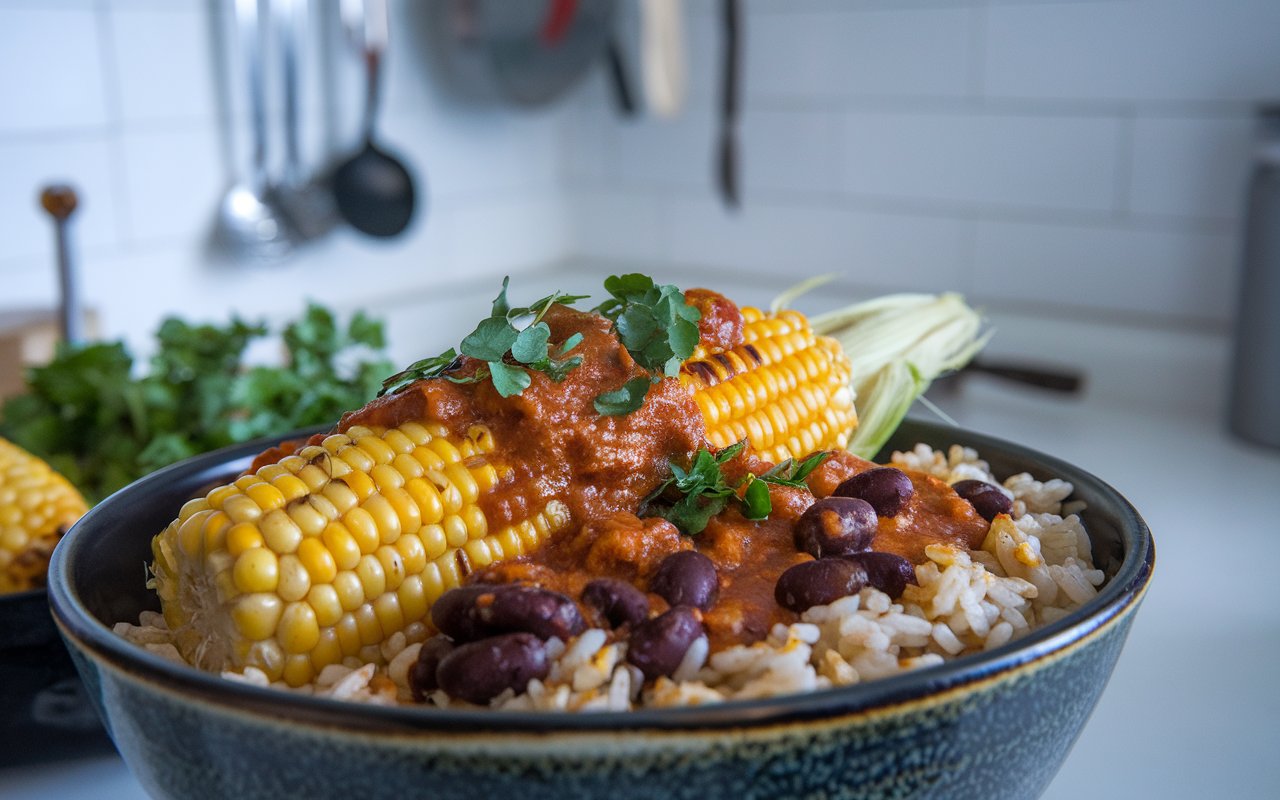 Mexican Street Corn & Black Bean Rice Bowl served with toppings