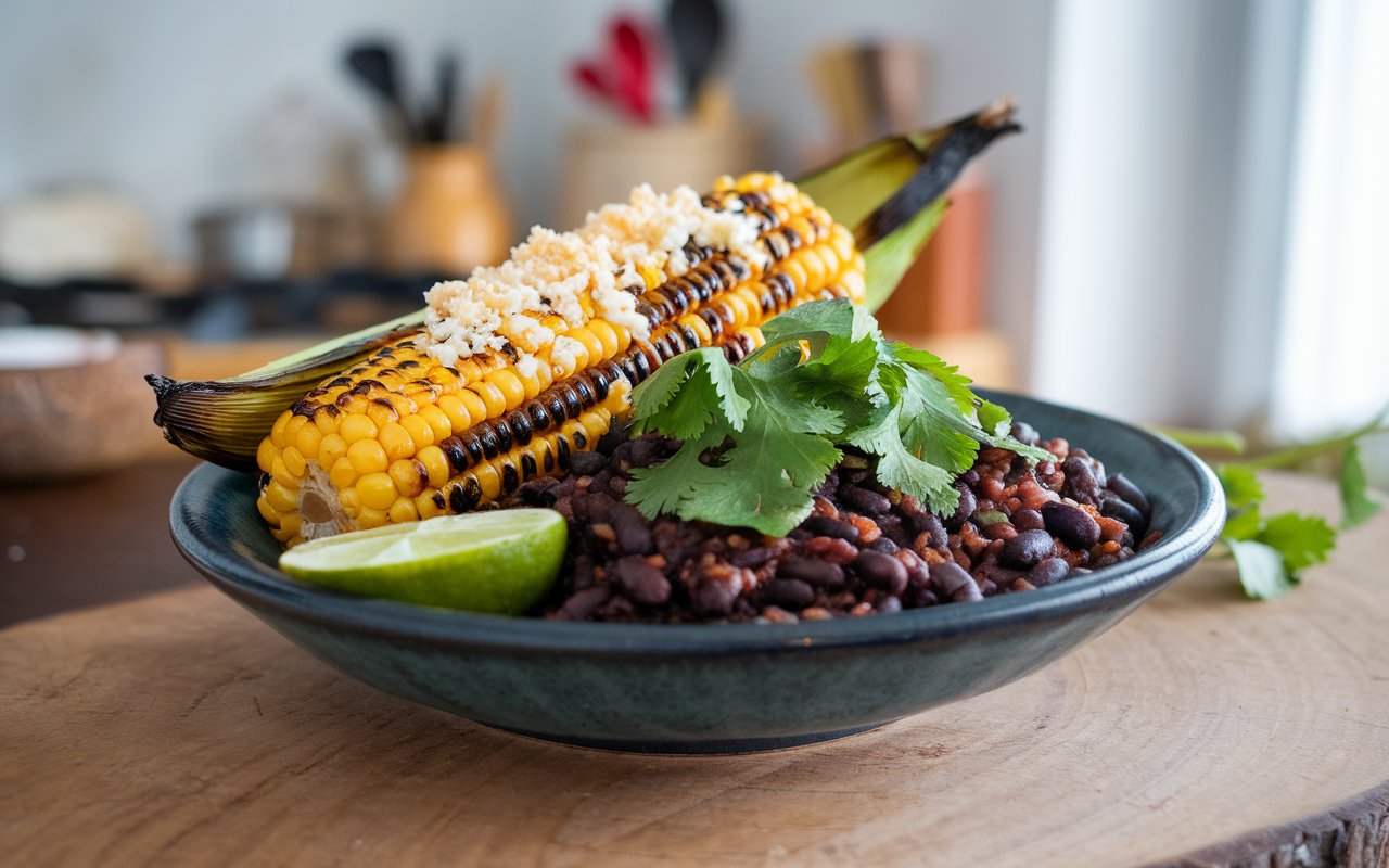 Multiple Mexican Street Corn & Black Bean Rice Bowls with toppings