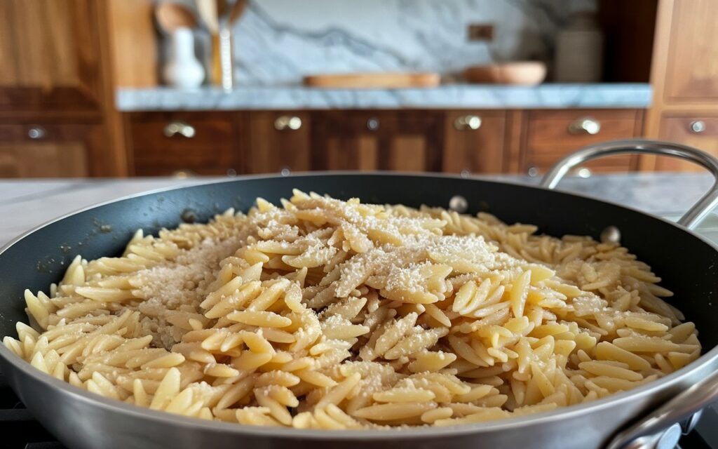 Garlic Butter Parmesan Orzo served with grilled chicken