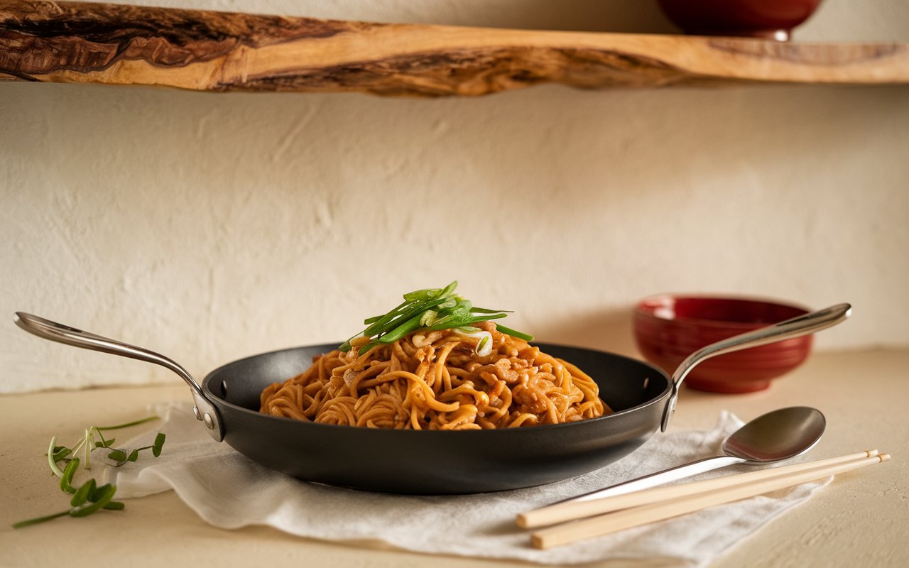  Wok with sizzling peanut butter ginger noodles