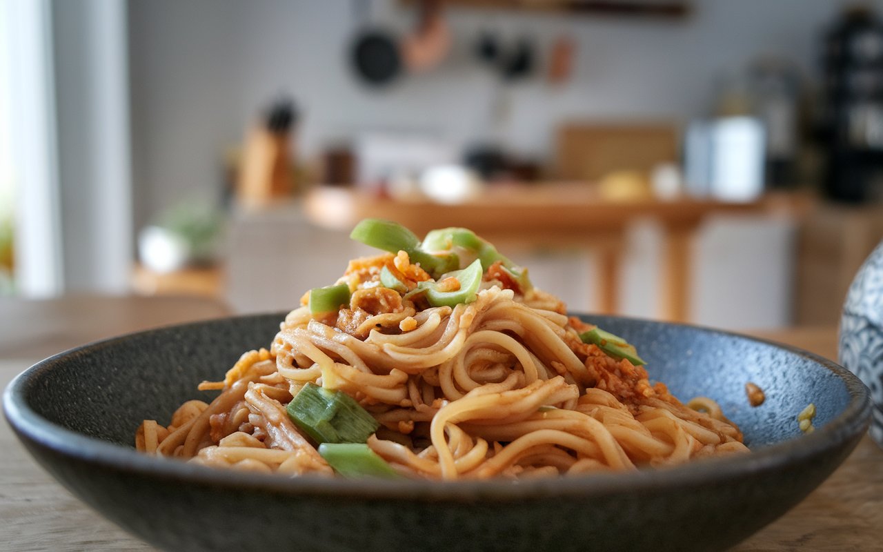 Peanut Butter & Ginger Noodle Stir-Fry with fresh garnishes