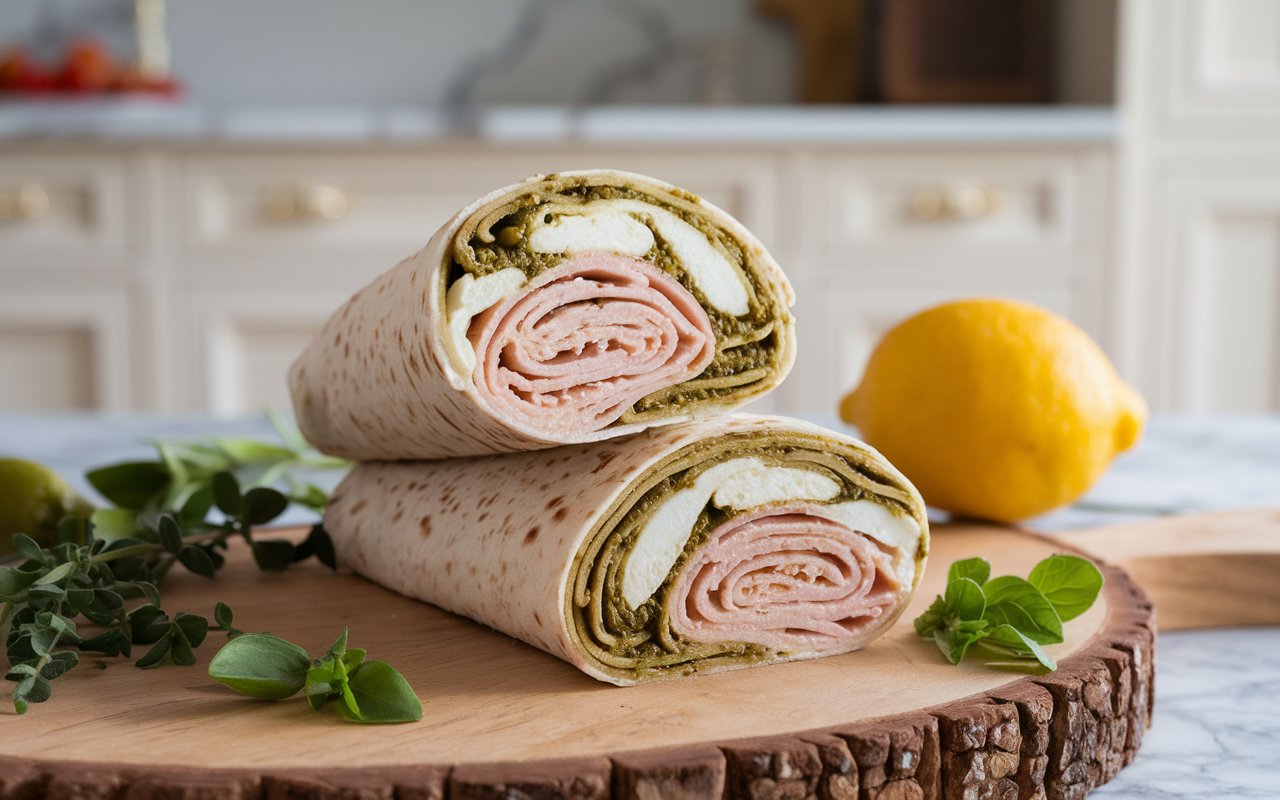 A close-up of a freshly made Pesto Turkey & Mozzarella Wrap, sliced to reveal turkey, mozzarella, and pesto.