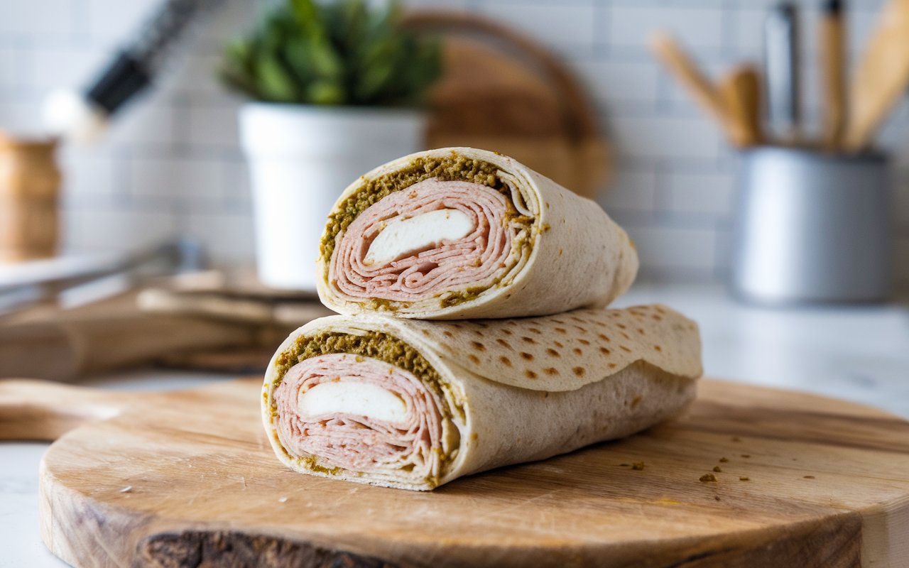 A plated Pesto Turkey & Mozzarella Wrap served with tomato soup and a green salad.