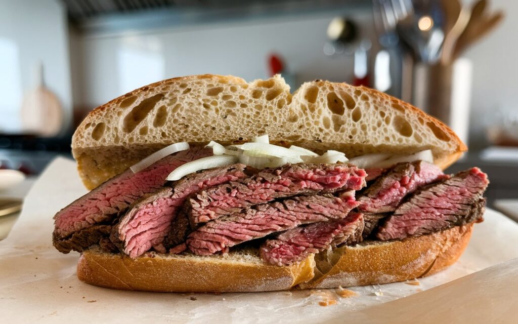 Cooking Philly cheesesteak in a cast-iron skillet