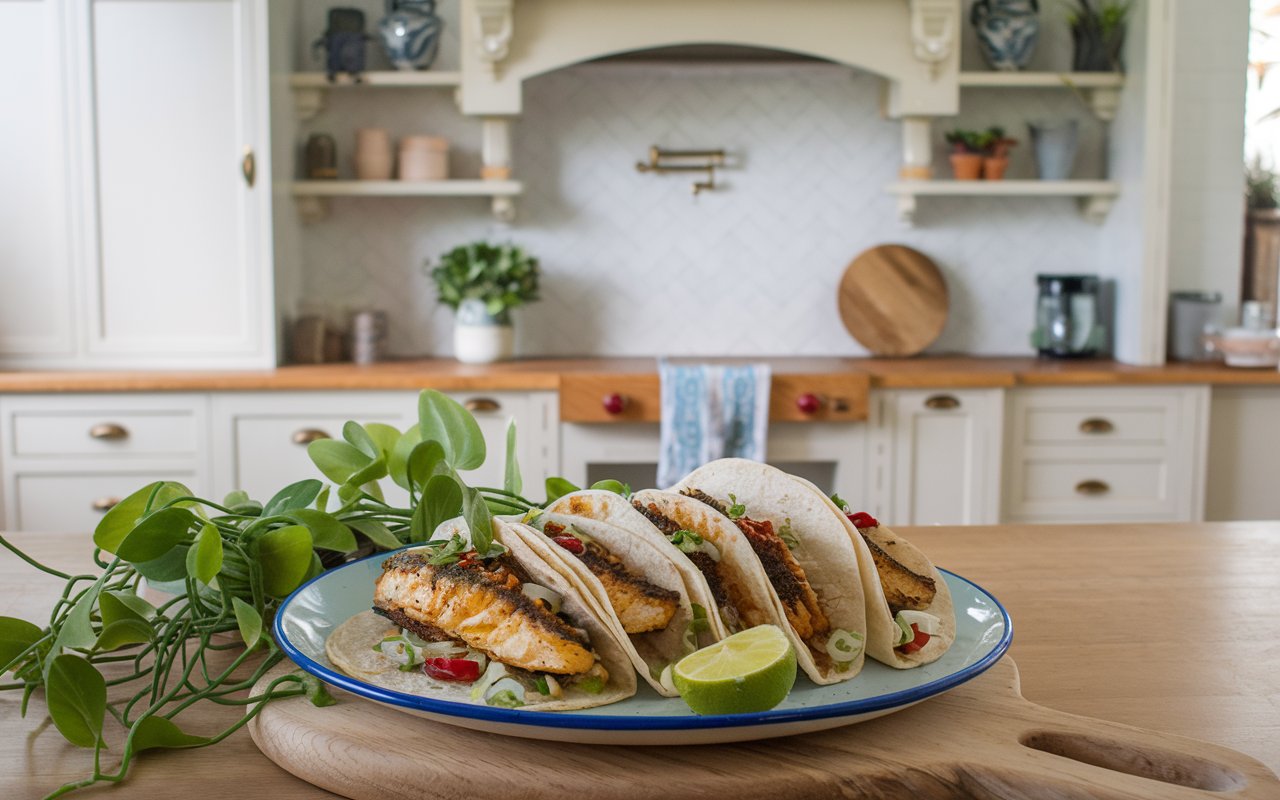 Blackened fish tacos with cabbage slaw and avocado on a wooden plate.